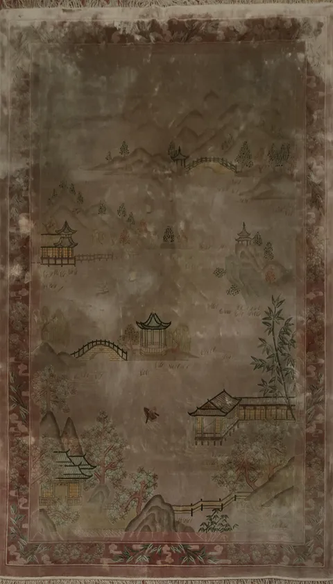 Art Deco Chinese Area Rug 6x9 Tranquil Landscapes and Pagoda Details