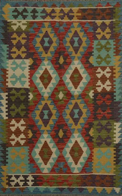 Dynamic Multicolor Kilim Rug 3x5 with Mesmerizing Patterns
