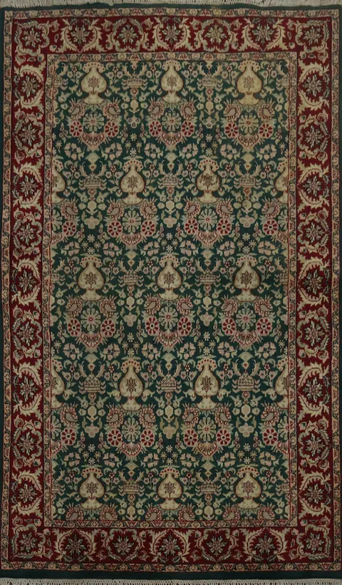 Luxurious Agra Oriental Rug 4x6 in Rich Green and Red Tones