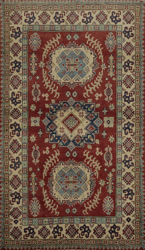 Elegant Kazak Oriental Rug 4x6 in Rich Red with Stylish Motifs