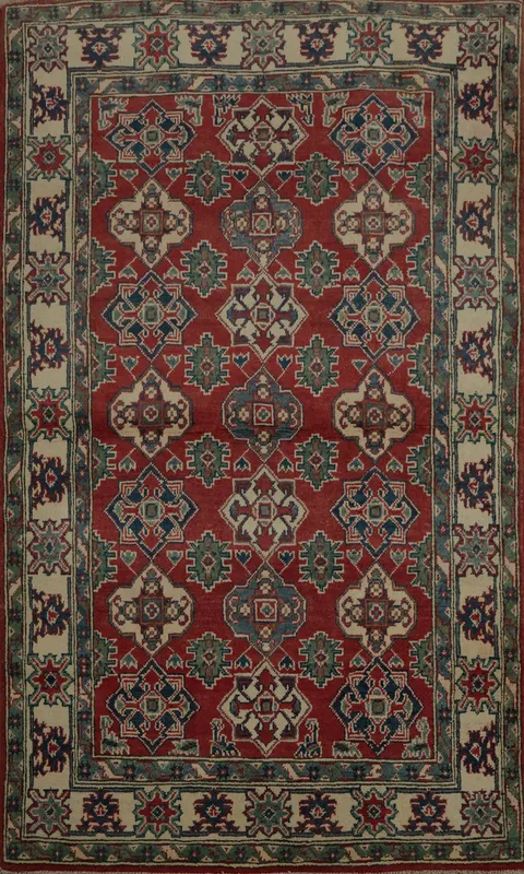 Elegant Red Geometric Kazak Oriental Rug 4x6 Timeless Style