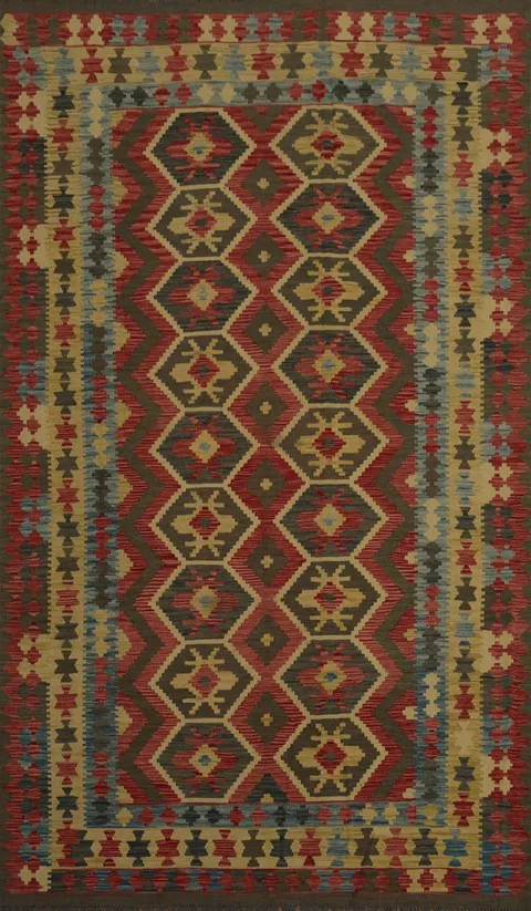 Intricately Woven Kilim Area Rug 7x10 with Geometric Rich Hues
