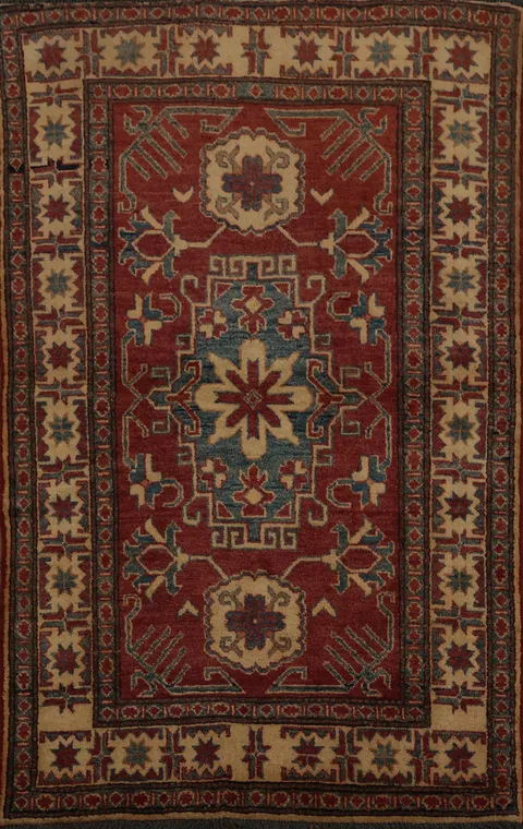 Artisan Crafted Super Kazak Rug 4x5 with Deep Red Colors
