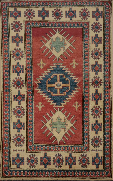 Handcrafted Artisan Kazak Rug 4x5 with Symmetrical Design