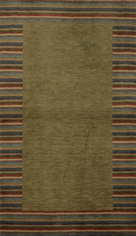 Green Olive Gabbeh Oriental Rug 3x6 with Striped Border