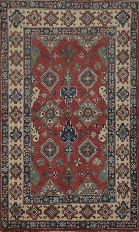 Classic Red Kazak Oriental Rug 4x6 with Geometric Design