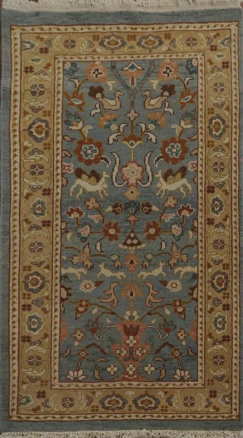 Traditional Hand-Crafted Floral Design Wool Rug in Blue Shades 2x4