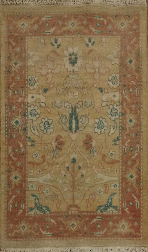 Hand-Knotted Golden Beige Rug with Serene Floral Patterns 2x3