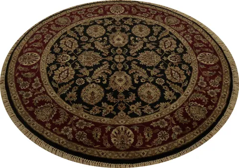 Luxurious Baroque Black and Burgundy Agra Round Rug 6x6