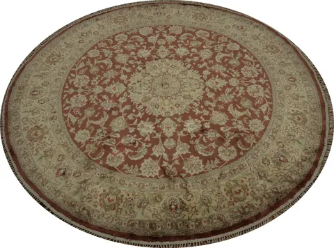 Traditional Rust Color Pure Silk Kashmir Round Rug 6x6