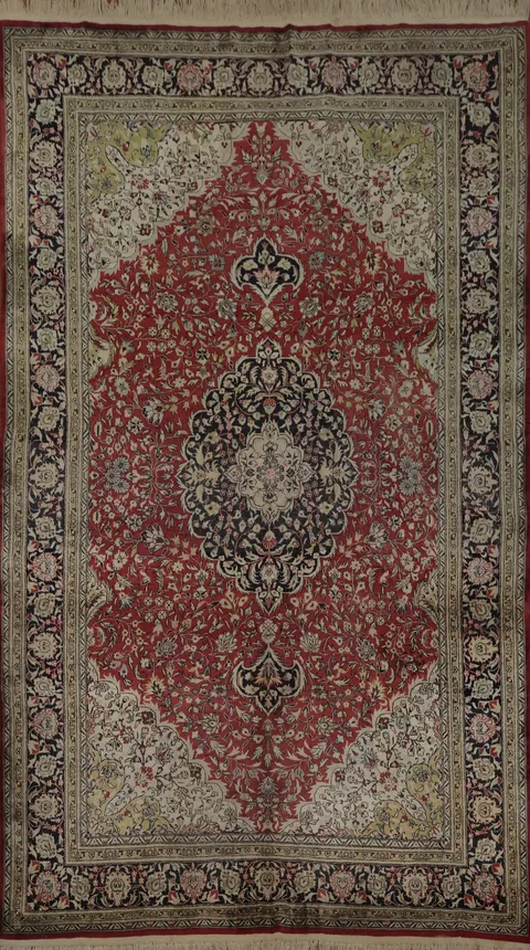 Luxurious Red and Cream Medallion Silk Turkish Rug 5x8