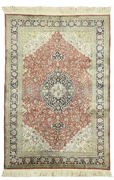 Luxurious Red and Cream Medallion Silk Turkish Rug 5x8