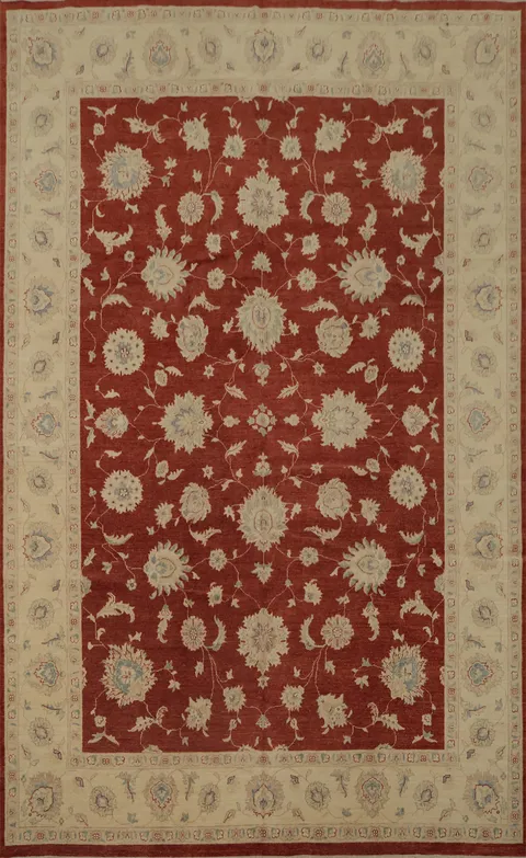 Traditional Red and Beige Peshawar Oriental Rug with Classic Motifs 10x14