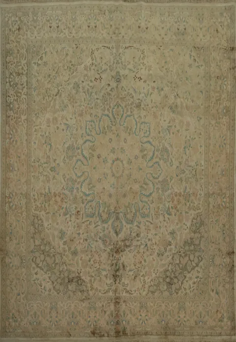 Timeless Beige and Blue Silk Kashmir Square Rug 7x7