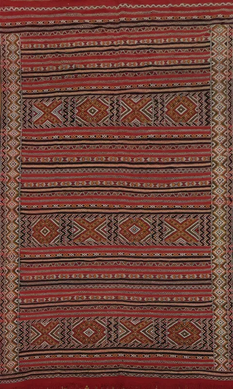 Traditional Artisan Kilim Moroccan Tribal Rug with Rich Red and Earthy Tones 7x11