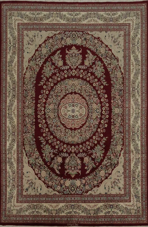 Elegant Floral Ivory and Burgundy Aubusson Traditional Area Rug 8x10