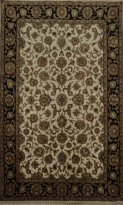 Traditional Floral Ivory and Black Agra Area Rug 6x9