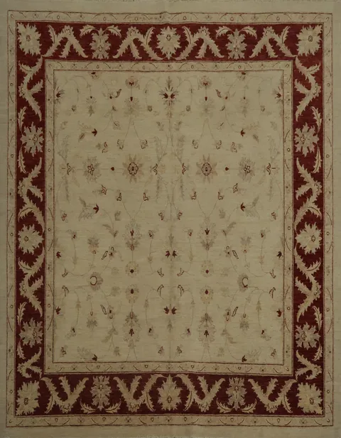 Elegant Traditional Red and Cream Floral Peshawar Square Rug 8x8 ft