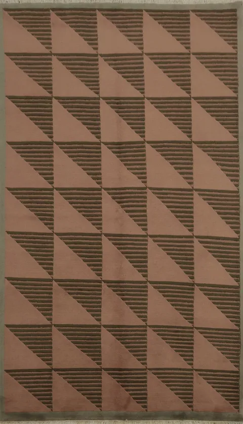Modern Brown and Pink Nepalese Rectangle Rug with Triangular Patterns 5x8