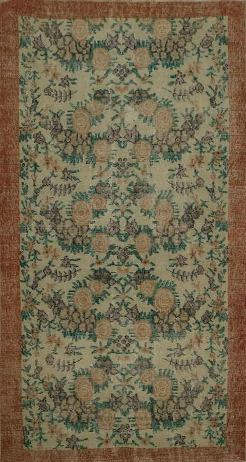 Elegant Floral Pattern Distressed Turkish Rug 4x7