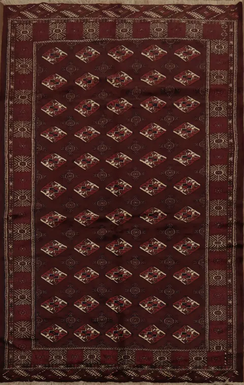 Diamond Patterned Burgundy Bokhara Turkoman Rug in Deep Rich Shades 7x11