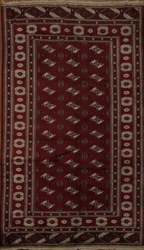 Rich Maroon Traditional Bokhara Turkoman Rug with Classic Geometric Design 7x13