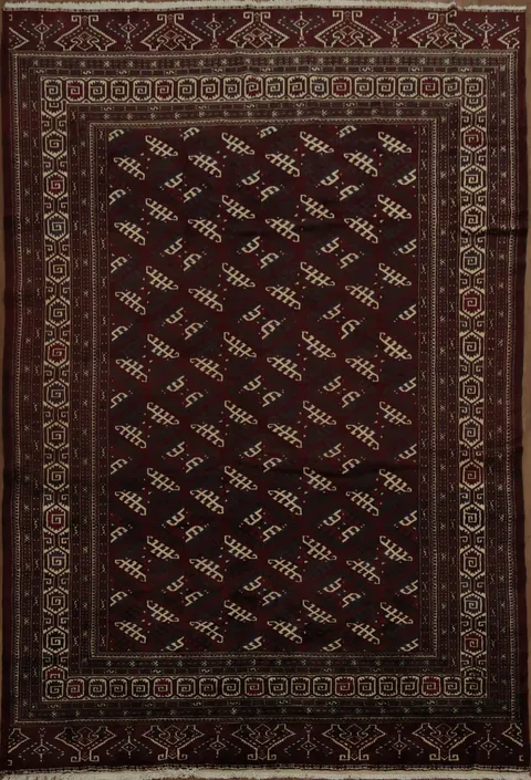 Elegant Deep Maroon Bokhara Rug with Intricate Geometric Patterns 8x12