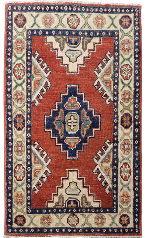 Elegant Red and Beige Geometric Kazak Foyer Rug 2x3