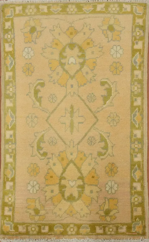 Muted Peach and Green Oushak Turkish Rug 2x3