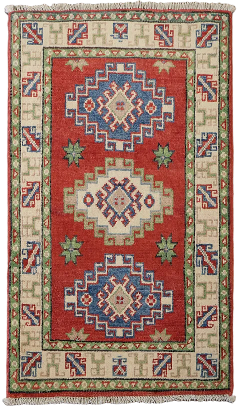 Red, Blue, and Green Handmade Kazak Foyer Rug 2x3