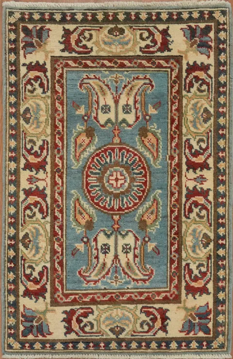 Light Blue Red Geometric Kazak Foyer Rug 2x3