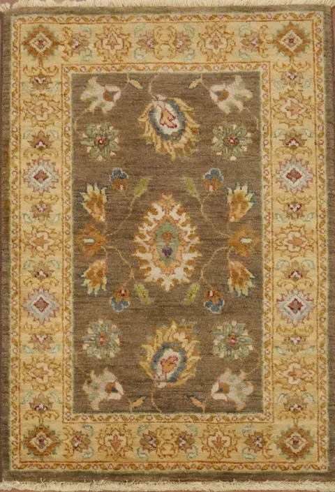 Handmade Traditional Brown and Green Peshawar Rug 2x3