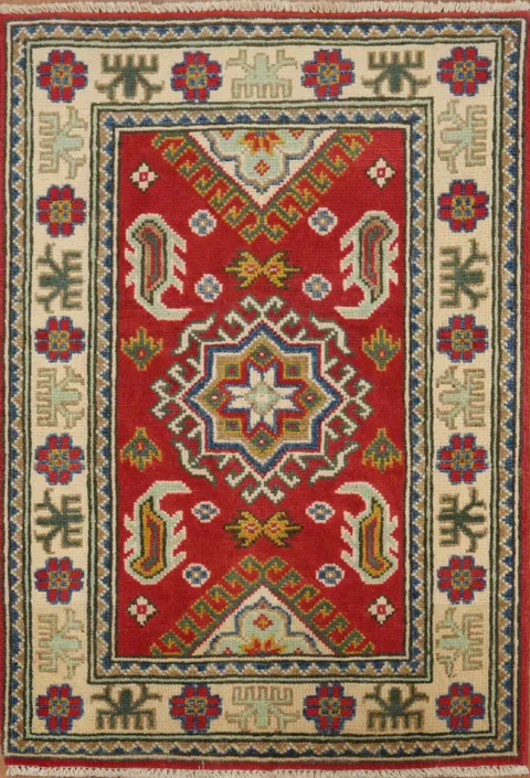 Luxurious Red Kazak Rug with Bold and Colorful Tribal Patterns 2x3