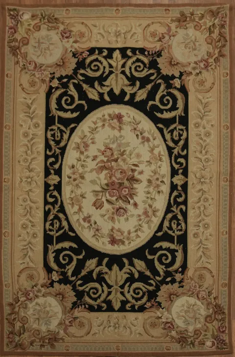 Black Victorian Style Aubusson Tapestry Needlepoint Chinese Rug 4x6
