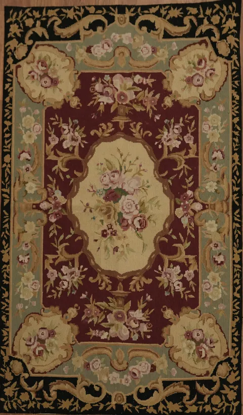 Elegant Floral Motif Burgundy Aubusson Rug with Rich Vintage Palette 3x5