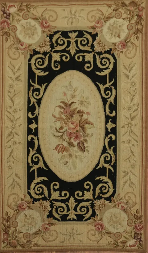 Classic Floral Black Aubusson Elegance Rug with Intricate Scrollwork 3x5
