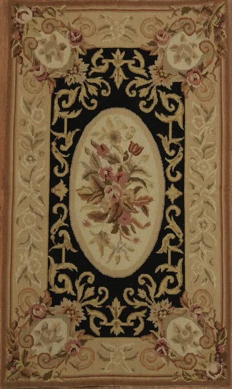 Timeless Black and Beige Flora lAubusson Tapestries Rug with Medallion 3x4