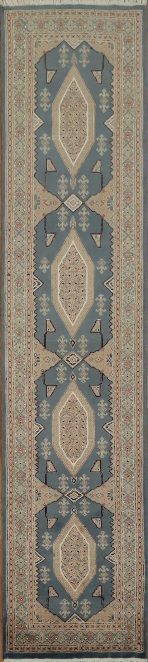 Stylish Blue Diamond Patterned Oriental Runner Rug 3x12