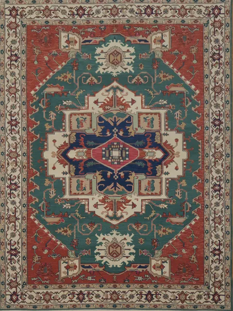 Geometric Bold Green and Rust Heriz Serapi Large Rug 9x12