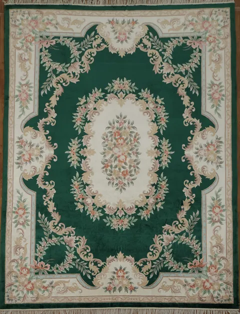 Emerald Green Aubusson Design Pure Silk Art Deco Chinese Rug 9x12