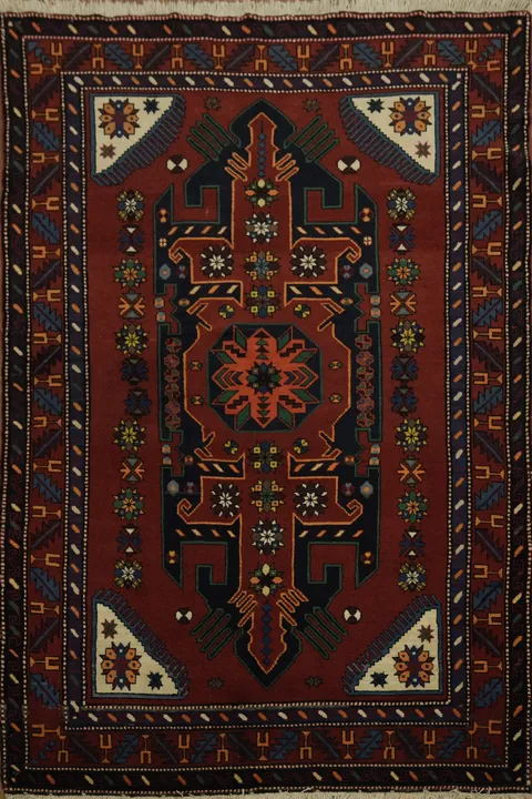 Vintage Tribal Geometric Kazak Rug with Rich Red Hues 4x7 ft