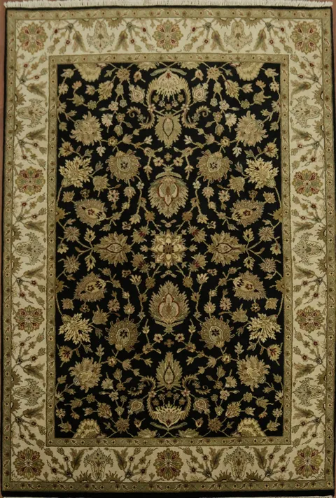 Ornate Black Floral Vegetable Dye Agra Oriental Area Rug 6x9