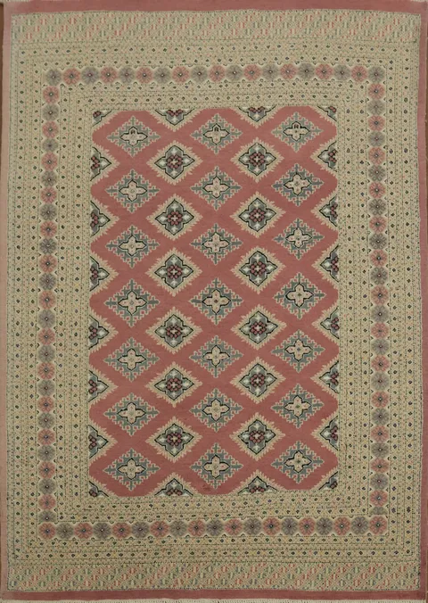 Elegant Geometric Rose Pink Bokhara Pakistani Area Rug 6x9