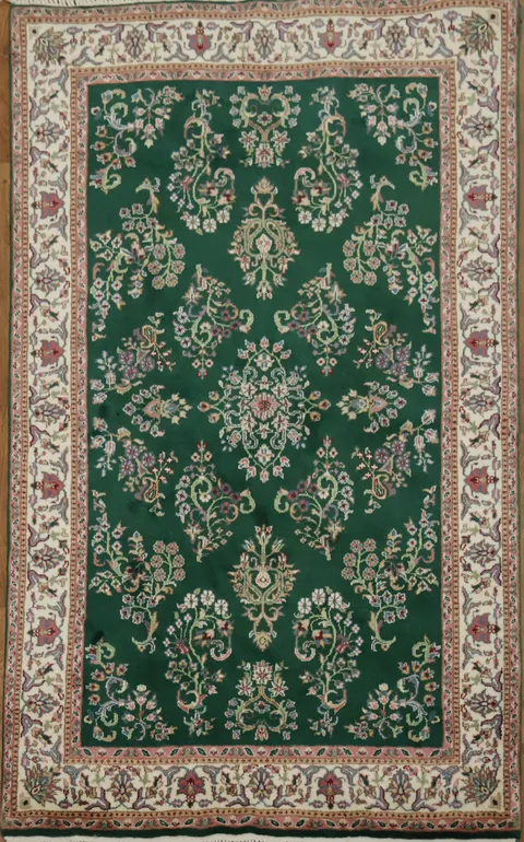 Elegant Green Floral Patterned Vegetable Dye Kashan Oriental Rug 4x6