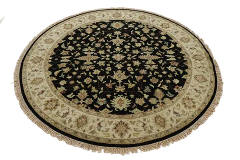 Exquisite Black Round Rug Artfully Displaying Detailed Floral Motifs 8x8 ft