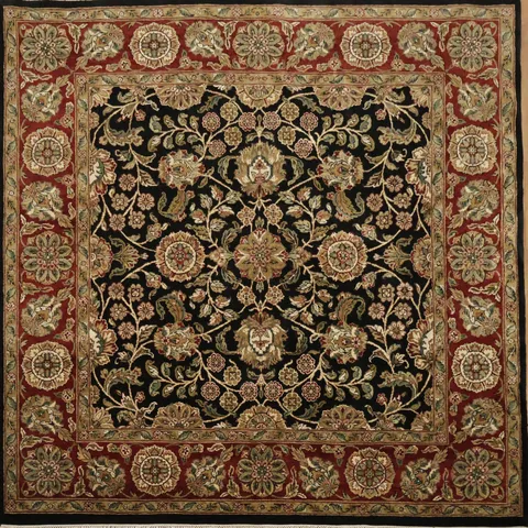 Elegant Black and Burgundy Agra Floral Patterned Square Rug 8x8