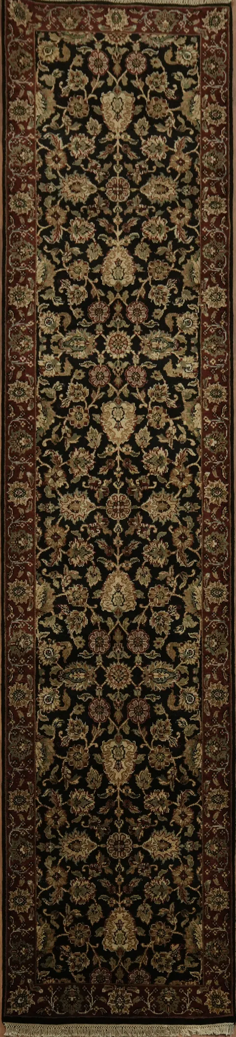 Traditional Black and Burgundy Agra Hallway Runner with Elegant Floral Embellishments 3x13