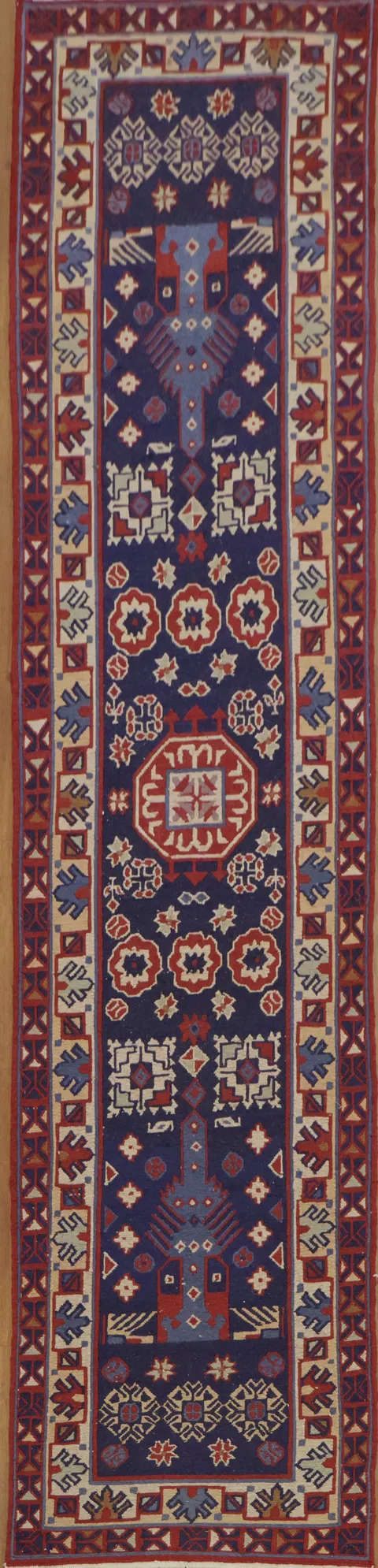 Blue and Red Motif Tribal Sumak Turkish Runner Rug for Hallway Decor 2x10