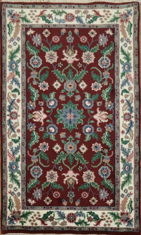 Traditional Floral Area Rug with Rich Burgundy and Green Accents 3x5