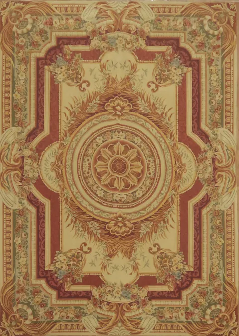 Sophisticated Red and Green Floral Symmetry Aubusson Tapestries Area Rug 10x14